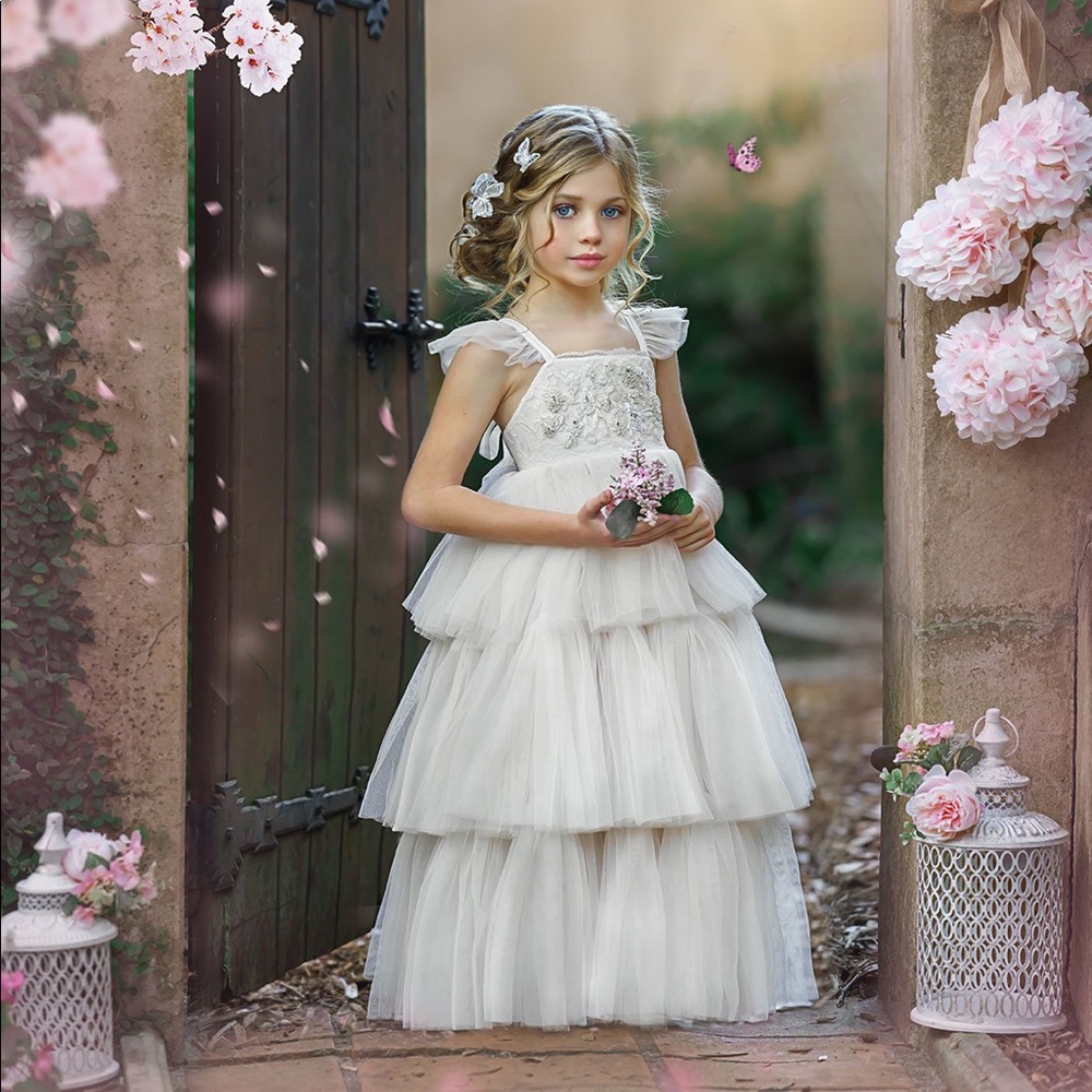 Dollcake Ivory Tiered Tulle Flower Girl Dress